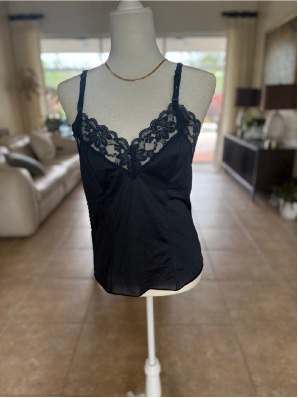 Lorraine Navy blue Nylon Lace Chemise Slip Size 36, vintage, made in USA Medium